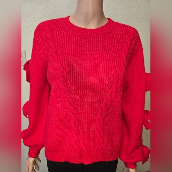 Molly Bracken By ANTROPOLOGY Red Cable Knit Sweater with Bow Details Size Lge - Picture 4 of 13